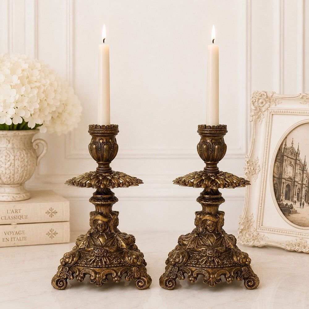 Vintage Victorian Rococo Figural Lion Head Candlesticks Pair Accurate Cast A4122